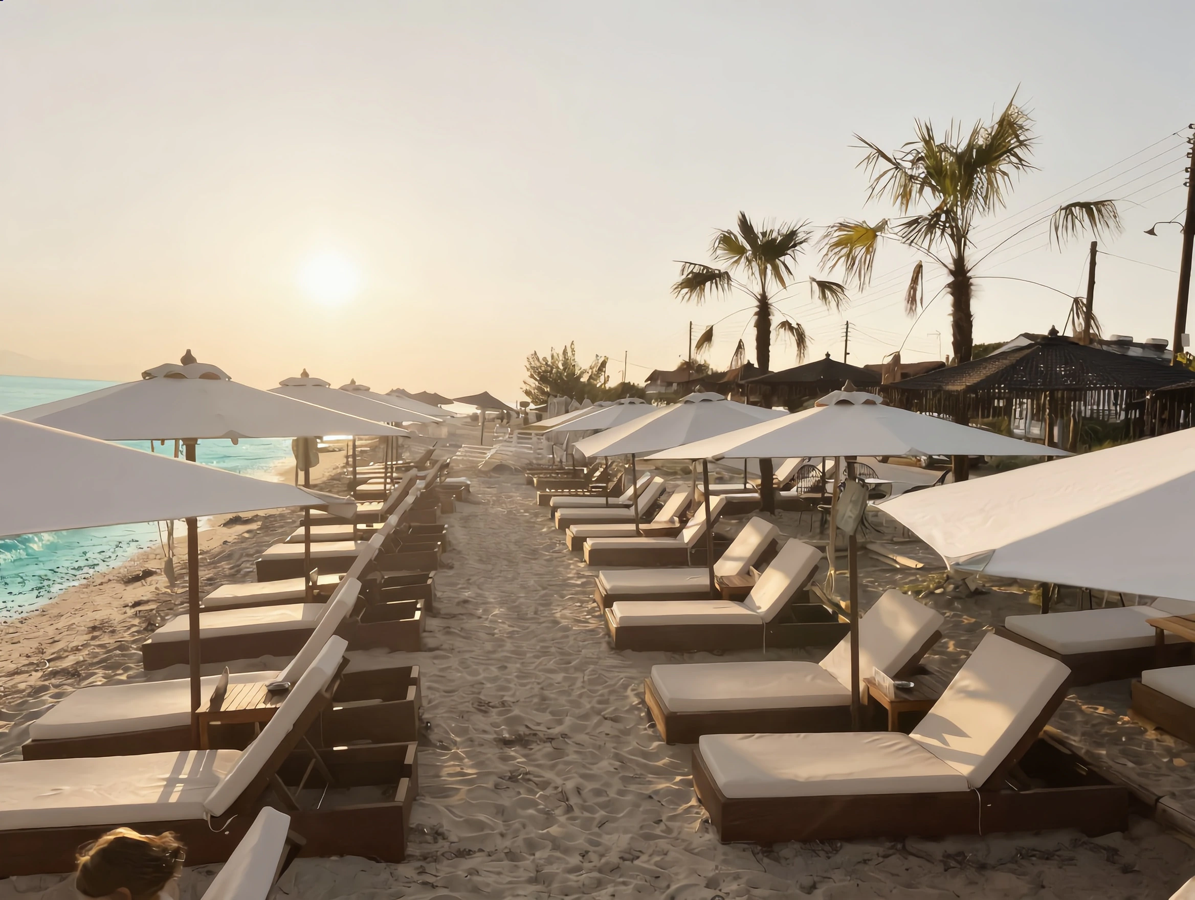 Rows of sunbeds and parasols at OKKIO Beach Bar at sunset