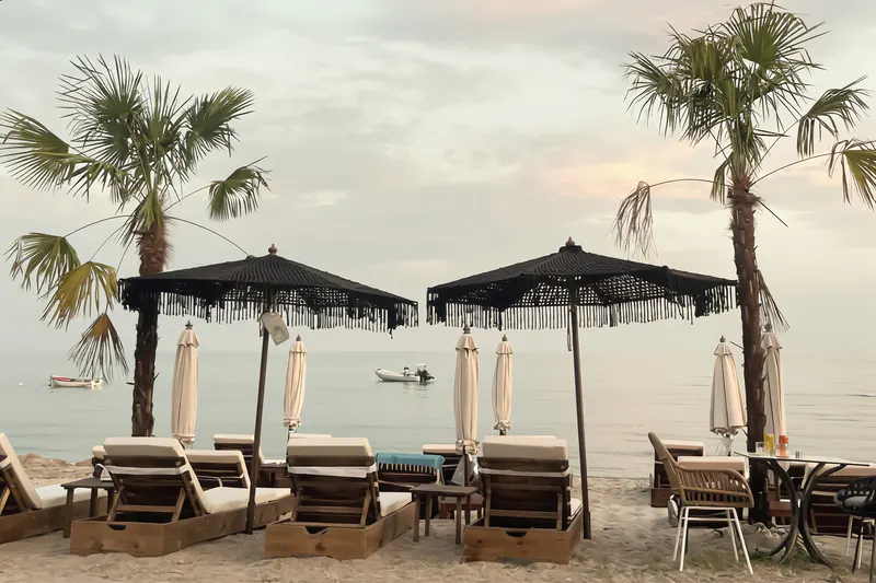 Fringed parasols, sunbeds and palm trees on the sand at OKKIO