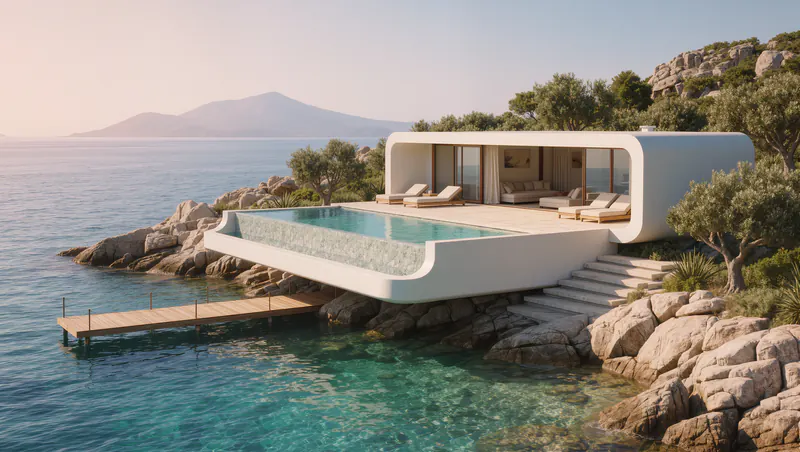 Villa Amatheia seen from the water with Mount Athos on the horizon